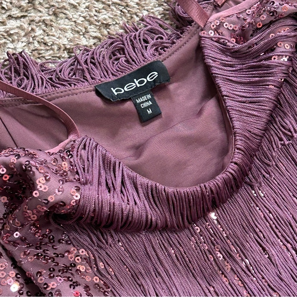 Bebe Plum Sequin Fringe Mini Dress Medium - Picture 16 of 16